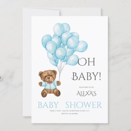 Blue cute Oh baby shower with Teddy bear balloon Invitation