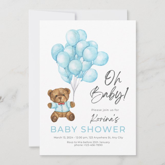 BLUE CUTE OH BABY TEDDY BEAR AND BALLOONS INVITATION (Front)