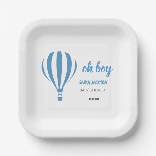 Blue Cute Oh Boy Hot Air Balloon Baby Shower Paper Plates