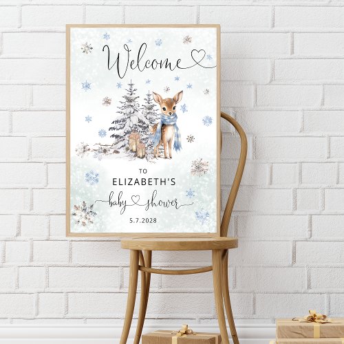 Blue Cute Oh Deer Boy Baby Shower Welcome Poster