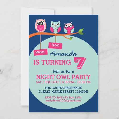 Blue Cute Owl Polka Dots Birthday Invitation