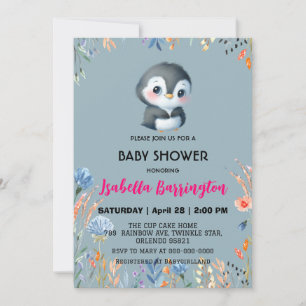 Blue Cute penguin sweet flower baby shower kids Invitation