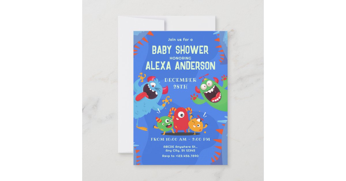 Rec Invitation Blue Cute playful Monster Character baby shower Invitation | Zazzle