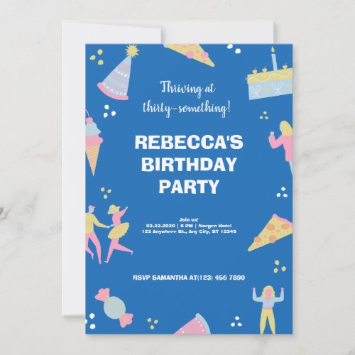 Blue cute  quirky ice cream pizza birthday party  invitation