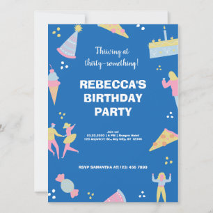 Blue cute & quirky ice cream pizza birthday party invitation