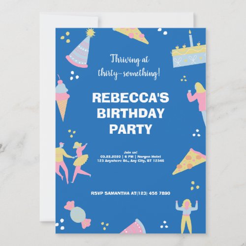 Blue cute  quirky ice cream pizza birthday party  invitation