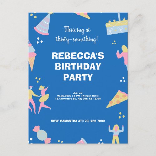 Blue cute  quirky ice cream pizza birthday party invitation postcard