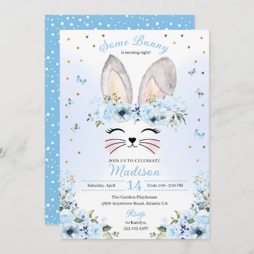 Blue Cute Rabbit Ears Floral Easter Birthday Invitation