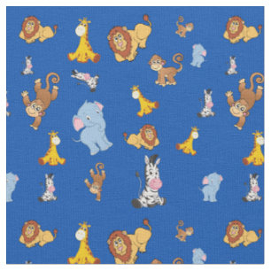 blue Cute safari animal pattern - Giraffe, elephan Fabric