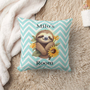 Blue Cute Sloth With Sunflowers Personalized Throw Pillow