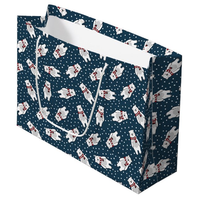 Blue cute snow polar bear pattern large gift bag (Front Angled)
