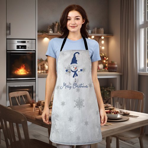 Blue Cute Snowman Holiday Apron