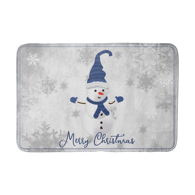 Blue Cute Snowman Holiday Bath Mat (Front)