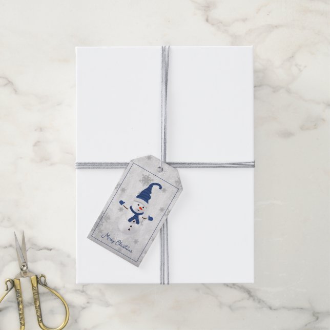 Blue Cute Snowman Holiday Gift Tag (With Twine)