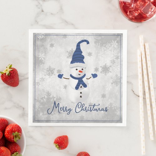 Blue Cute Snowman Holiday Paper Napkin