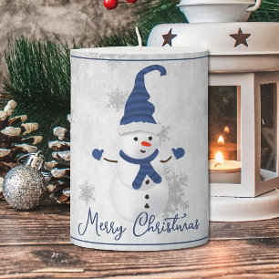 Blue Cute Snowman Holiday Pillar Candle