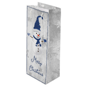 Blue Cute Snowman Holiday Wine Gift Bag