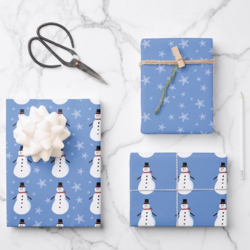 Blue Cute Snowman Snowflake Christmas Wrapping Paper Sheets
