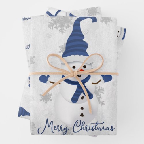 Blue Cute Snowman Wrapping Paper Sheets