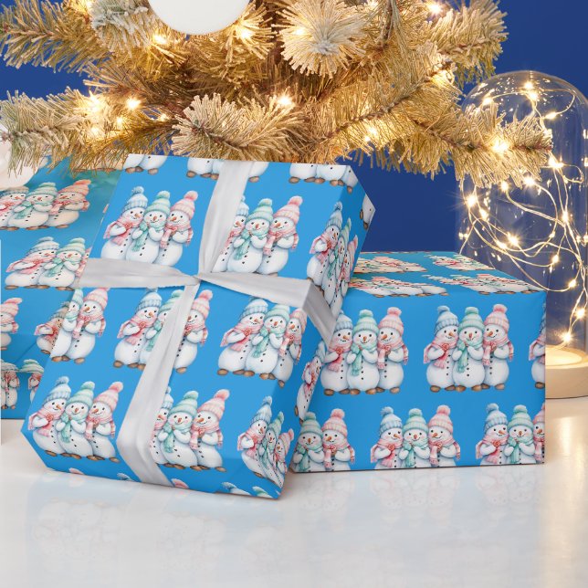 Blue Cute Snowmen Christmas Gift Wrapping Paper (Holidays)