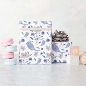 Blue Cute Sparrow With a Flower Hat Wrapping Paper
