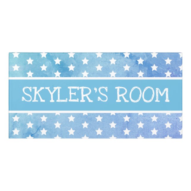 Blue Cute Stars Pattern Name Baby & Kids Door Sign (Classic Front)