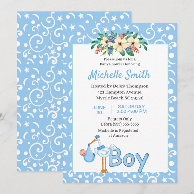 Blue Cute Stork Boy Floral Baby Shower     Invitation (Front/Back)