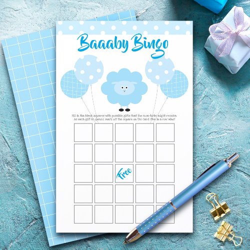 Blue Cute Sweet Lamb Baby Shower Bingo Game Card
