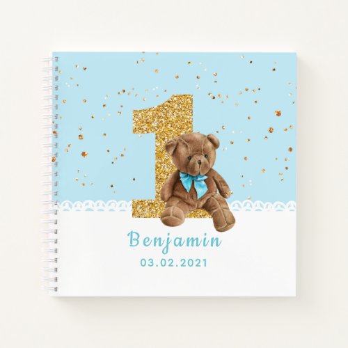 Blue Cute Teddy Bear 1st Birthday Guest Book