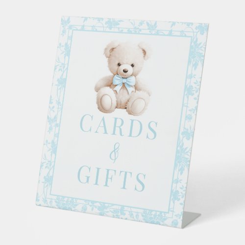 Blue cute teddy bear baby boy shower cards  gifts pedestal sign