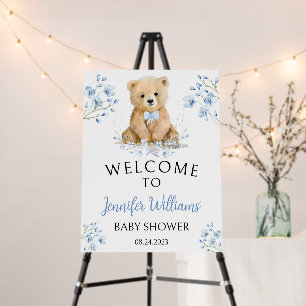 Blue cute teddy bear baby shower welcome sign
