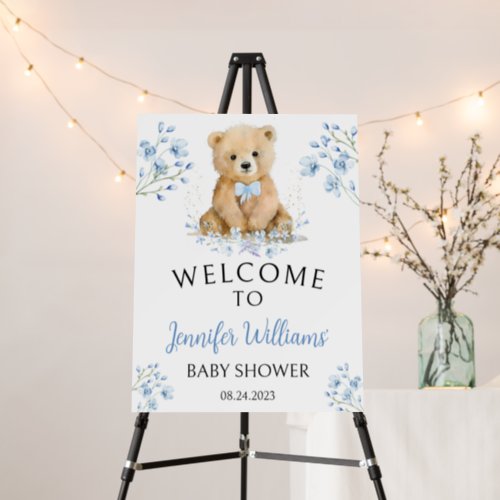 Blue cute teddy bear baby shower welcome sign