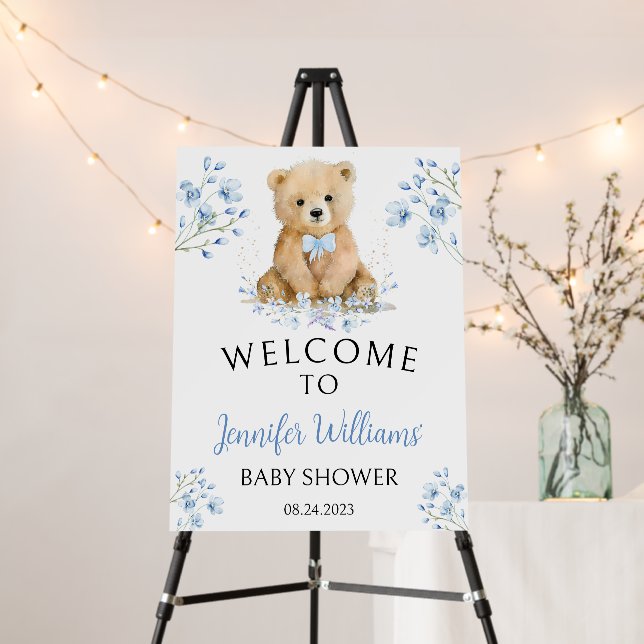 Blue cute teddy bear baby shower welcome sign (In Situ (Stand))