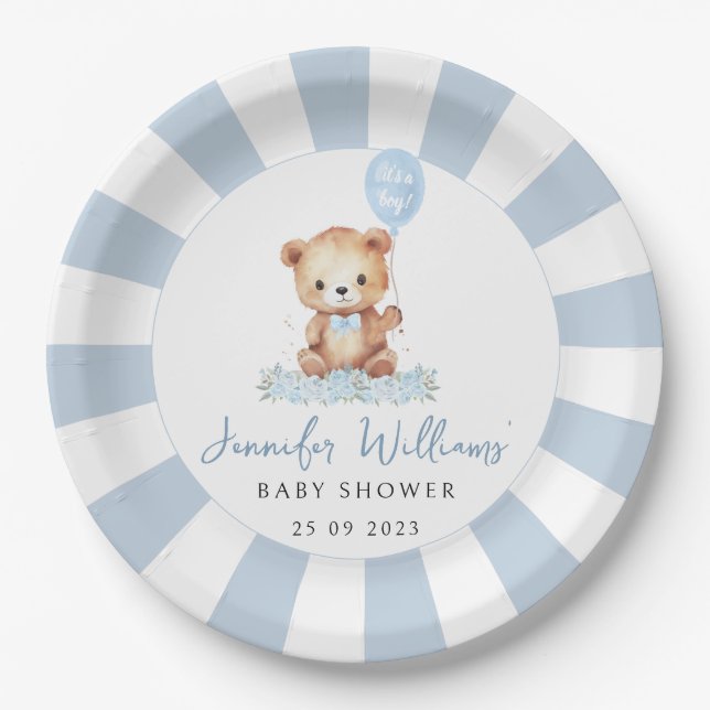Blue cute teddy bear balloon baby boy shower paper plates (Front)