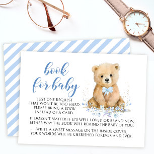 Blue cute teddy bear book for baby boy shower card