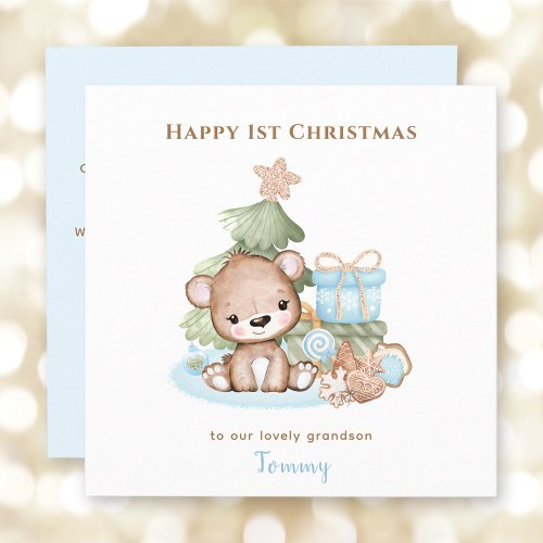 Blue Cute Teddy Bear Boy First Christmas Card