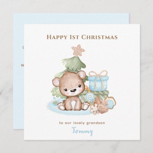 Blue Cute Teddy Bear Boy First Christmas Card
