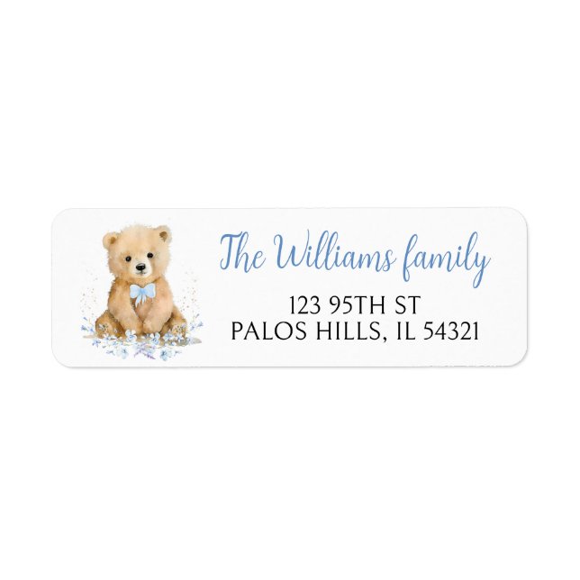 Blue cute teddy bear floral address labels (Front)