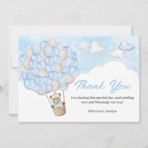 Blue Cute Teddy Bear Flying Balloon Baby Shower Thank You Card