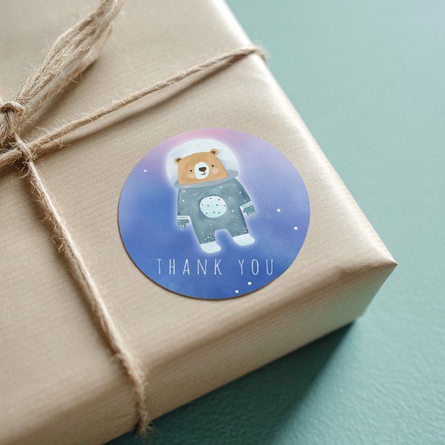 Blue Cute teddy space Bear Thank You Classic Round Sticker (Boy blue space bear thank you sticker)