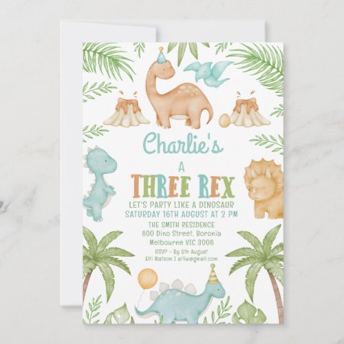 Blue Cute Three Rex Dinosaur 3rd Birthday Invitation