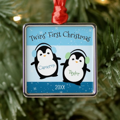 Blue Cute Twins First Christmas Penguins Metal Ornament