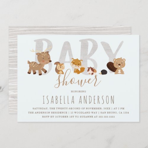 Blue  Cute Woodland Animals Neutral Baby Shower Invitation