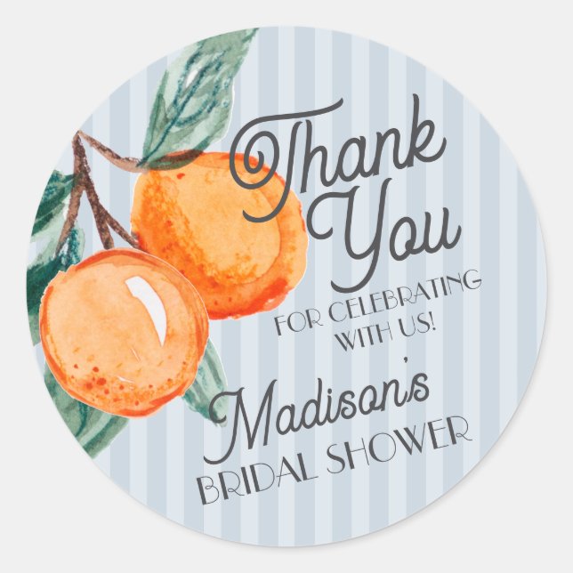 Blue Cutie Main Squeeze Citrus Bridal Shower Favor Classic Round Sticker (Front)