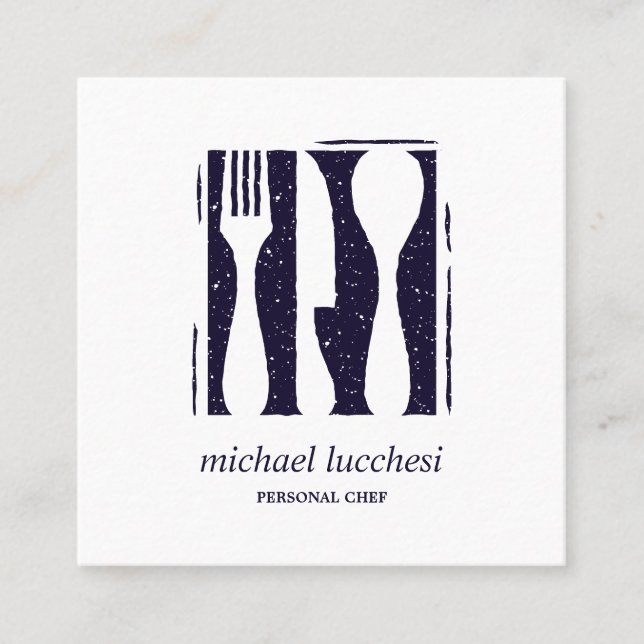 Blue Cutlery Chef Catering Restaurant Social media Square Business Card (Front)