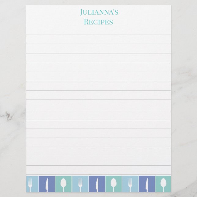 Blue Cutlery Recipe Lined Personalized Letterhead (Front)