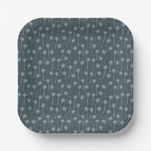 Blue cyan bohemian dandelions pattern paper plates (Front)
