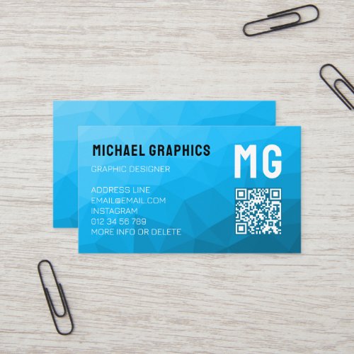 Blue cyan geometric mesh pattern QR code Monogram Business Card