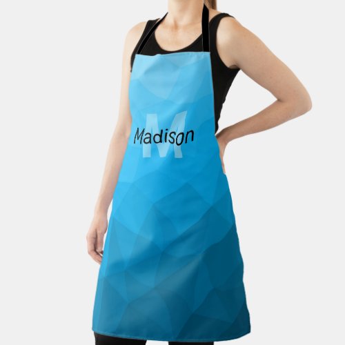 Blue cyan gradient geometric mesh pattern Monogram Apron