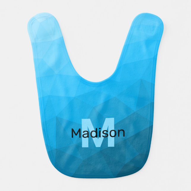 Blue cyan gradient geometric mesh pattern Monogram Baby Bib (Front)